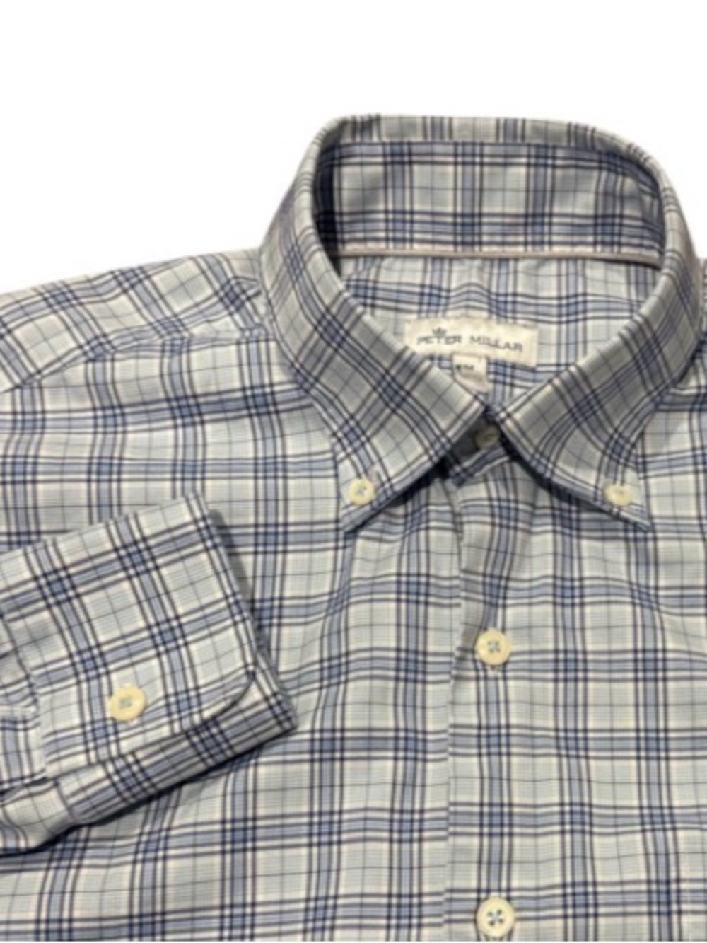 Peter Millar Blue White Plaid Long Sleeve Button Down Dress Shirt Size Medium